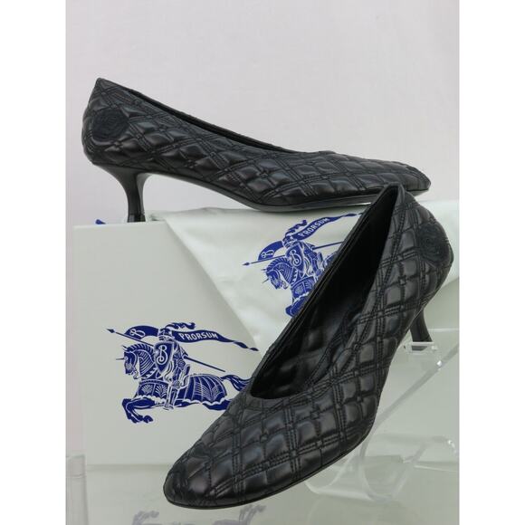 NIB BURBERRY BABY BLACK QUILTED LEATHER LOGO KITTEN HEEL PUMPS EU 38 US 8 $1K - Picture 1 of 15